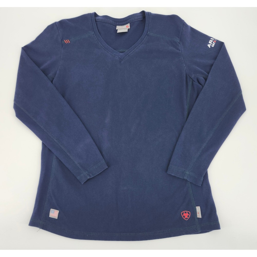 Ariat FR Navy Blue V-Neck Long Sleeve Flame Resistant Work Shirt Womens Large